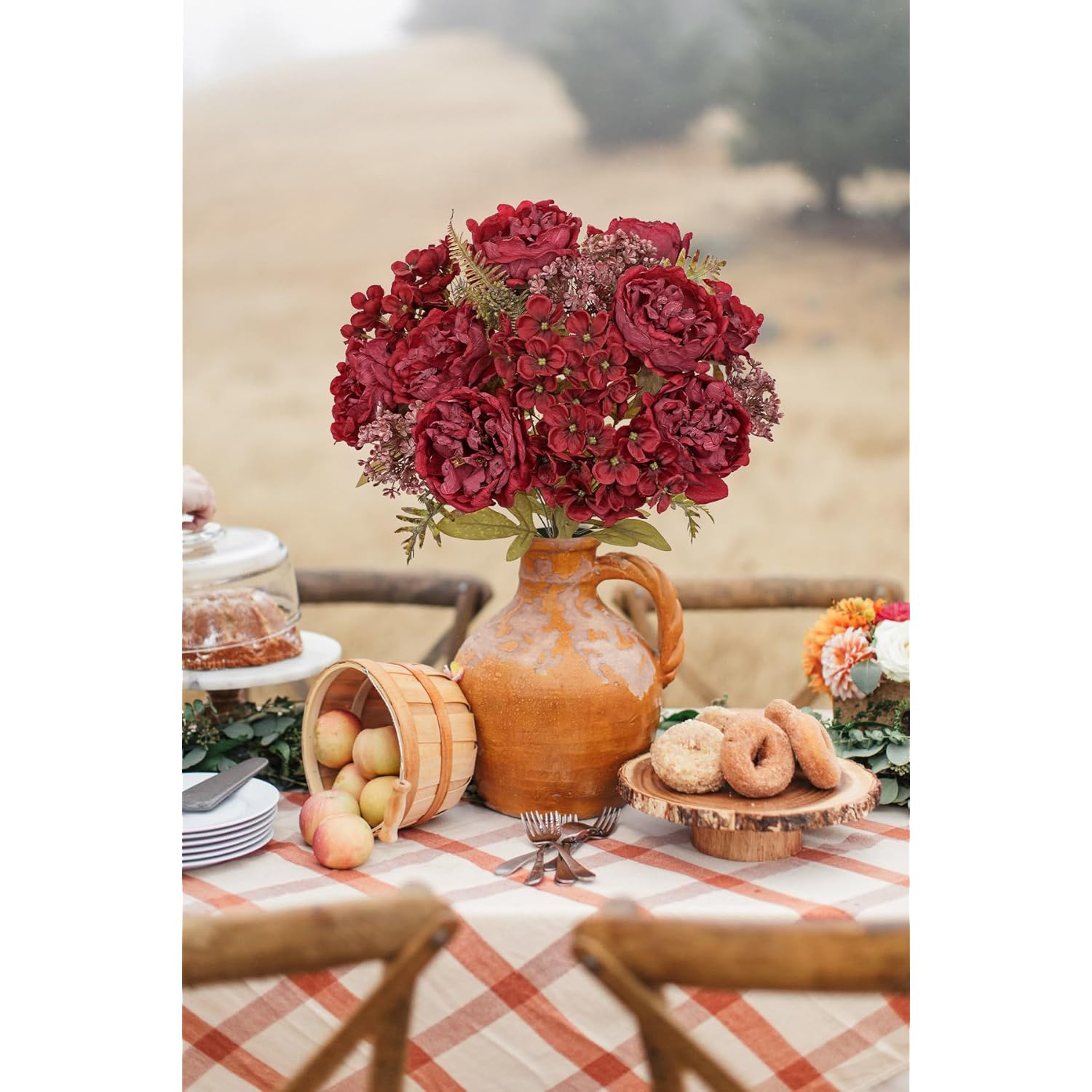 2 Bundles Artificial Fall Flowers Bouquet 18.8" Red Peony Hydrangea Fake Fall Floral Silk Flowers Autumn Faux Flower Arrangement For Home Wedding Table Centerpieces Thanksgiving Party Decor