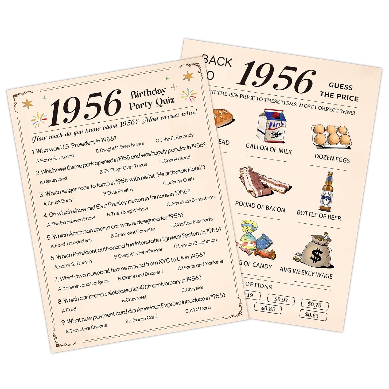 70Th Birthday Party Games, 1956 Quiz & Guess The Price Game Cards, 70Th Birthday Party Supplies For Men Women, Pack Of 30 Cards