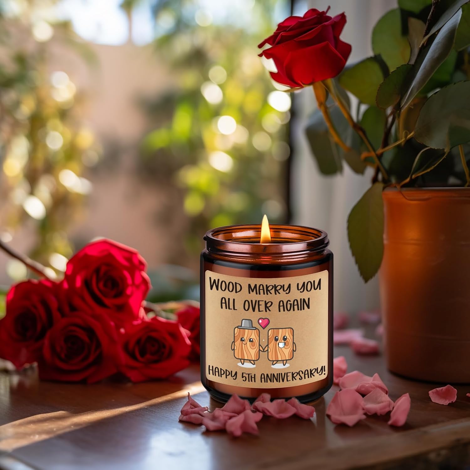 5Th Wedding Anniversary Candle, 5Th Anniversary Wood Themed Gifts For Wife Husband, 5 Year Wedding Anniv. Funny Gifts For Him Her, Happy Fifth Marriage Presents For Couples Women Men Boyfriend