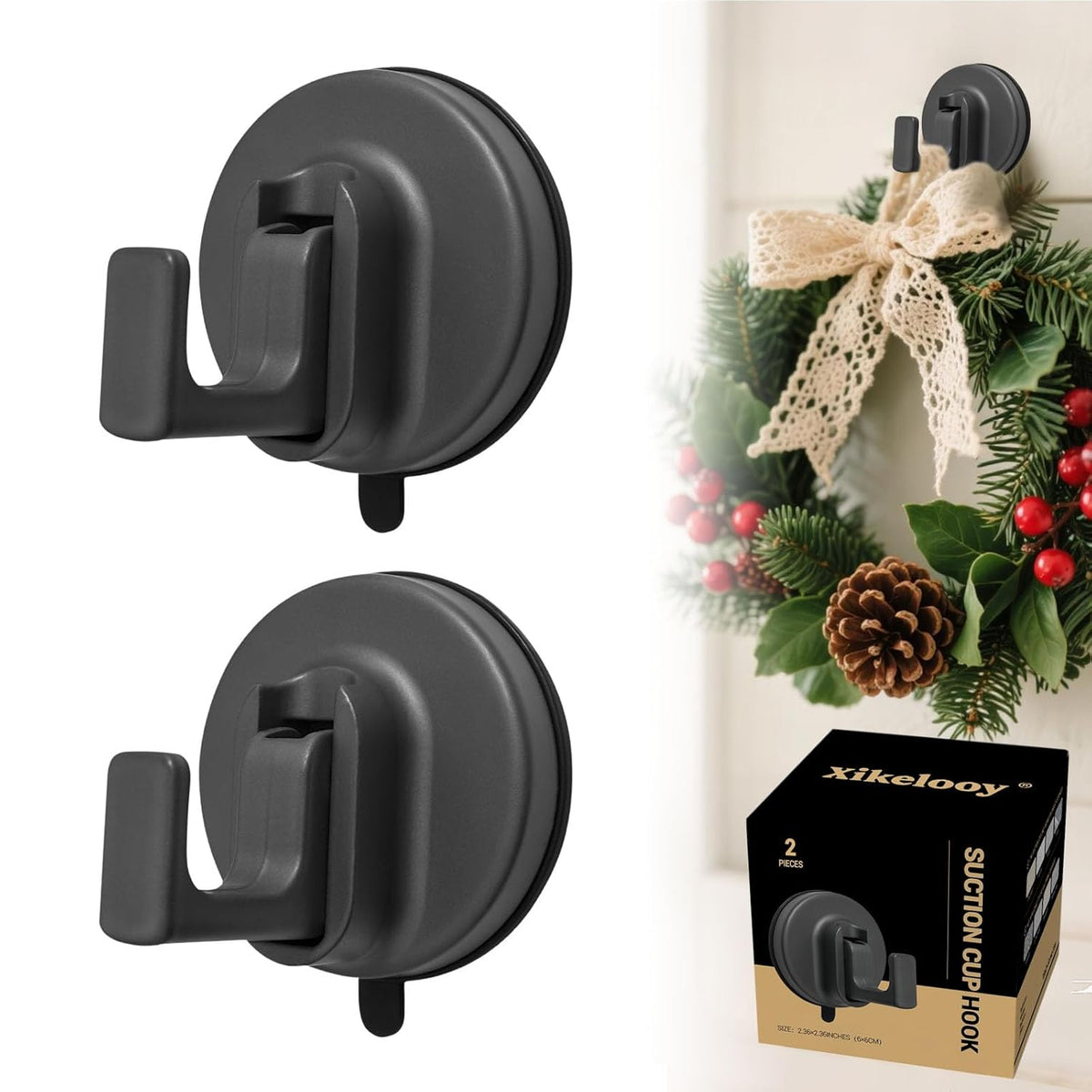 2025 Upgrade Suction Cup Hooks, Suction Cup Hooks For Shower, No Drill Suctioncup Hook For Bathroom Hanging Towels Holder, Hook For Christmas Wreath Decor Thanksgiving, Reusable Strong & Reliable (2)