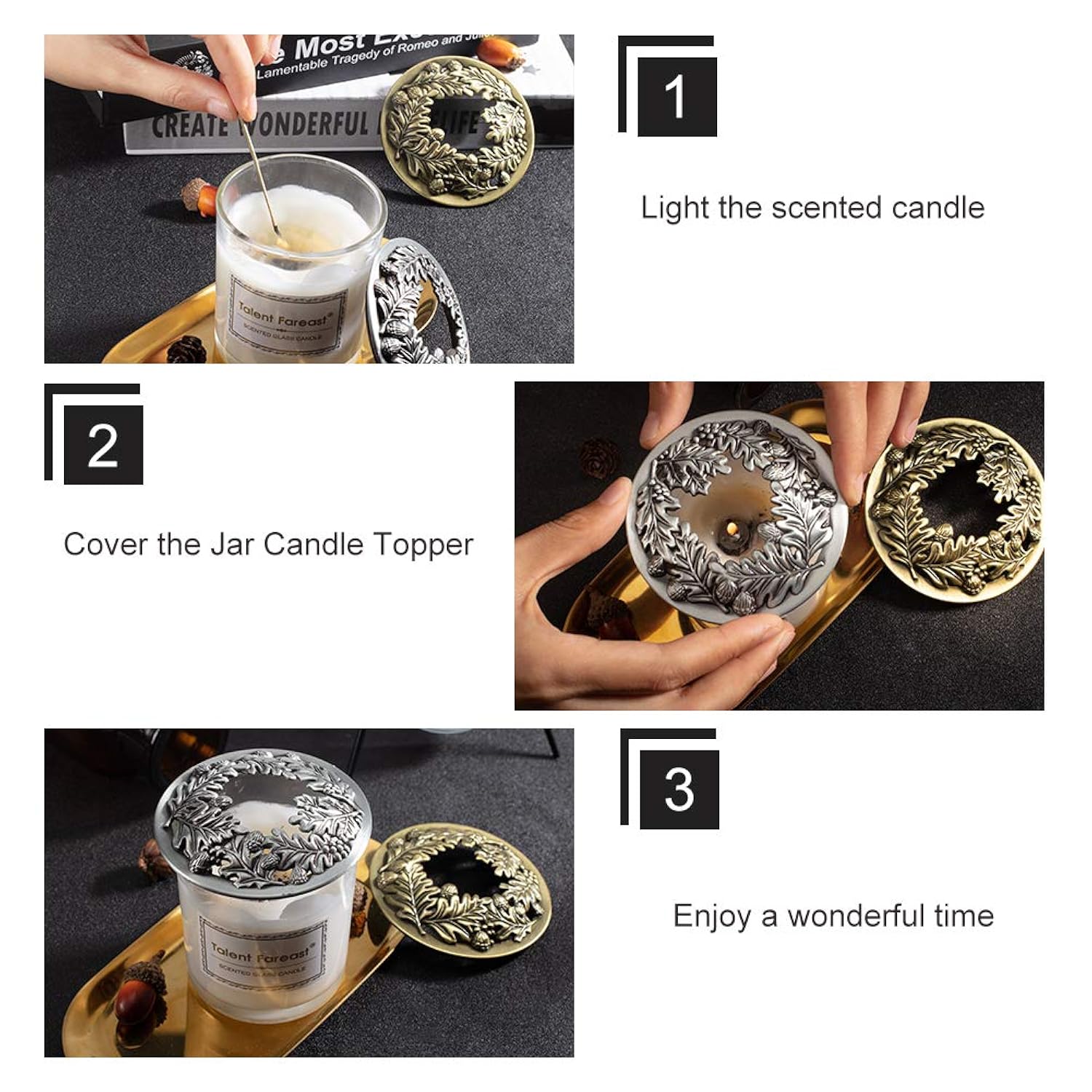 2 Pack Candle Topper Leaf Pine Candle Topper Shade Jar Lid Shade Sleeves For Jar Candles - Help Candles Melt Evenly And Look Great, 3.19 In Diameter(Antique Bronze & Antique Silver)