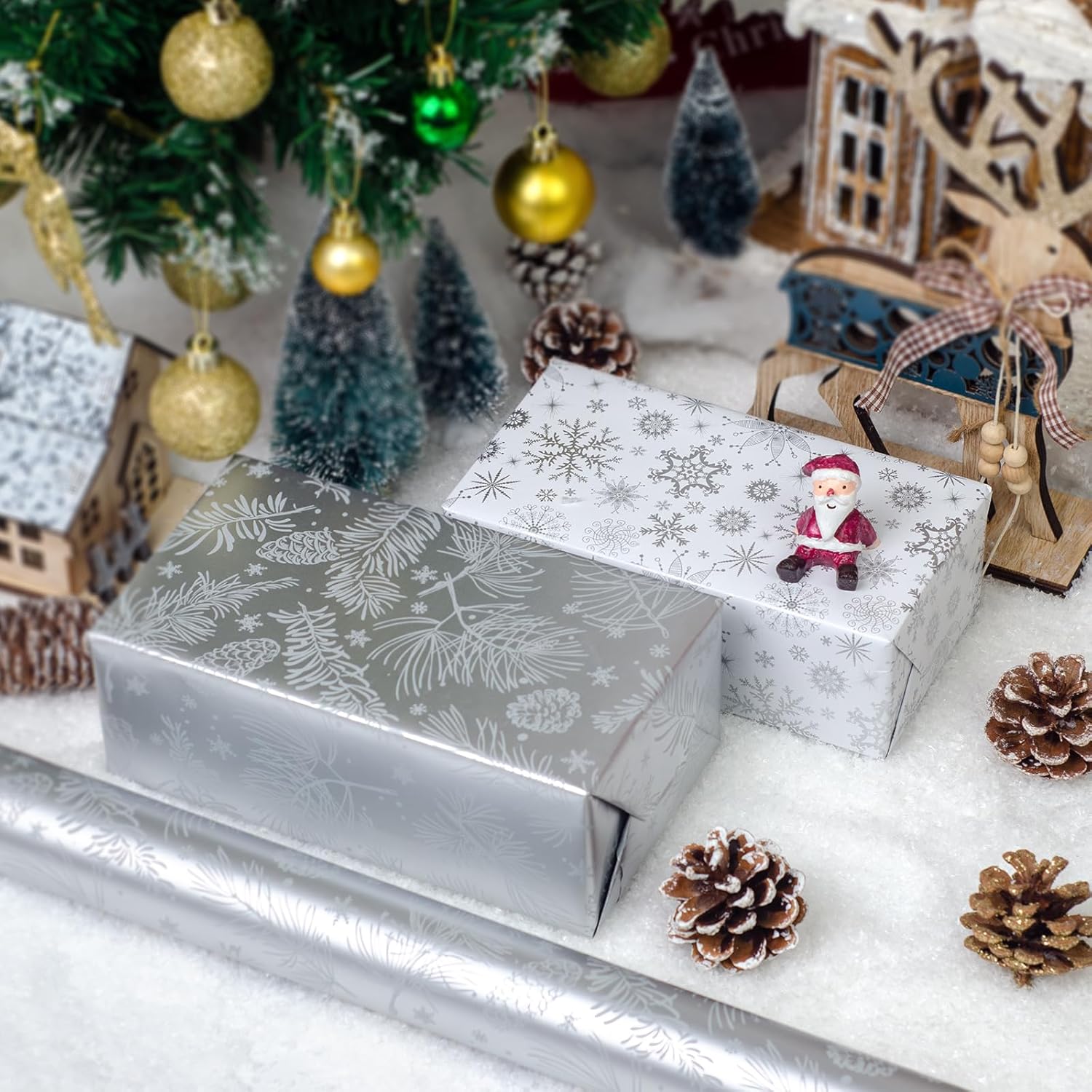 Mini Short Christmas Wrapping Paper Roll - Reversible Design (17 Inches X 32.8 Feet) - Silver & Gray Pinecone, Branches, Snowflakes