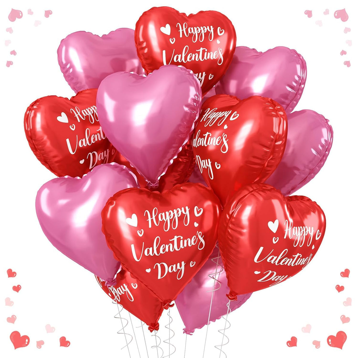 Valentines Day Heart Balloons, 18Inch Happy Red Valentines Balloons, Pink Heart Foil Balloons, 12Pcs Red Love Heart Shaped Helium Balloon For Romantic Celebrations Valentine Anniversary Party Decor