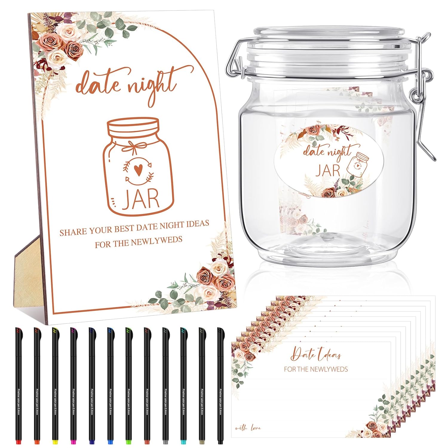 76 Pcs Bridal Shower Decor Including Date Night Game For The Newlyweds Wedding Date Night Game Sign With Holder 60 Cards 12 Pens 2 Stickers Wedding Wish Jar For Guest Party (Boho Style)