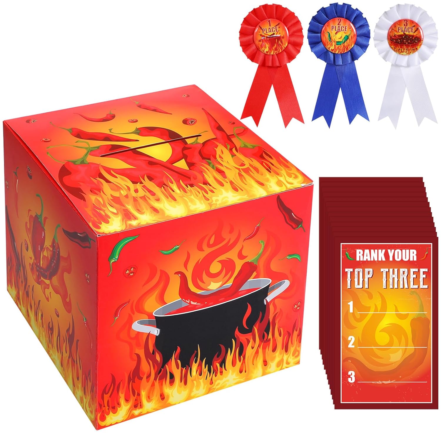 Chili Cook Off Contest Ballot Box With 50 Pcs Voting Cards And 3 Pcs Trophy Award Ribbons For Chili Cook Off Game Award Prizes Party Supplies Decorations Cook Chef, Assembly Needed