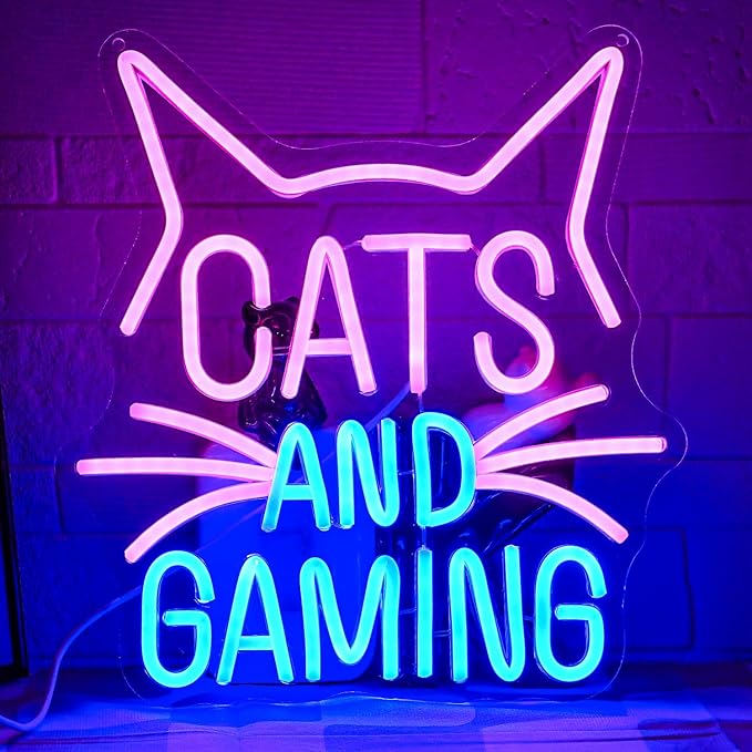 Gaming Cat Neon Sign Pink Blue LED Wall Light for Gamer Room Video Game Setup Teen Bedroom Decor