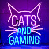 Gaming Cat Neon Sign Pink Blue LED Wall Light for Gamer Room Video Game Setup Teen Bedroom Decor