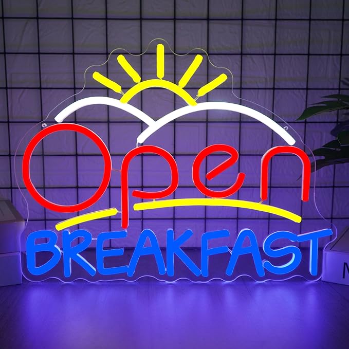 Open Breakfast Neon Sign Dimmable USB Powered LED Wall Decor Light for Restaurants Kitchens