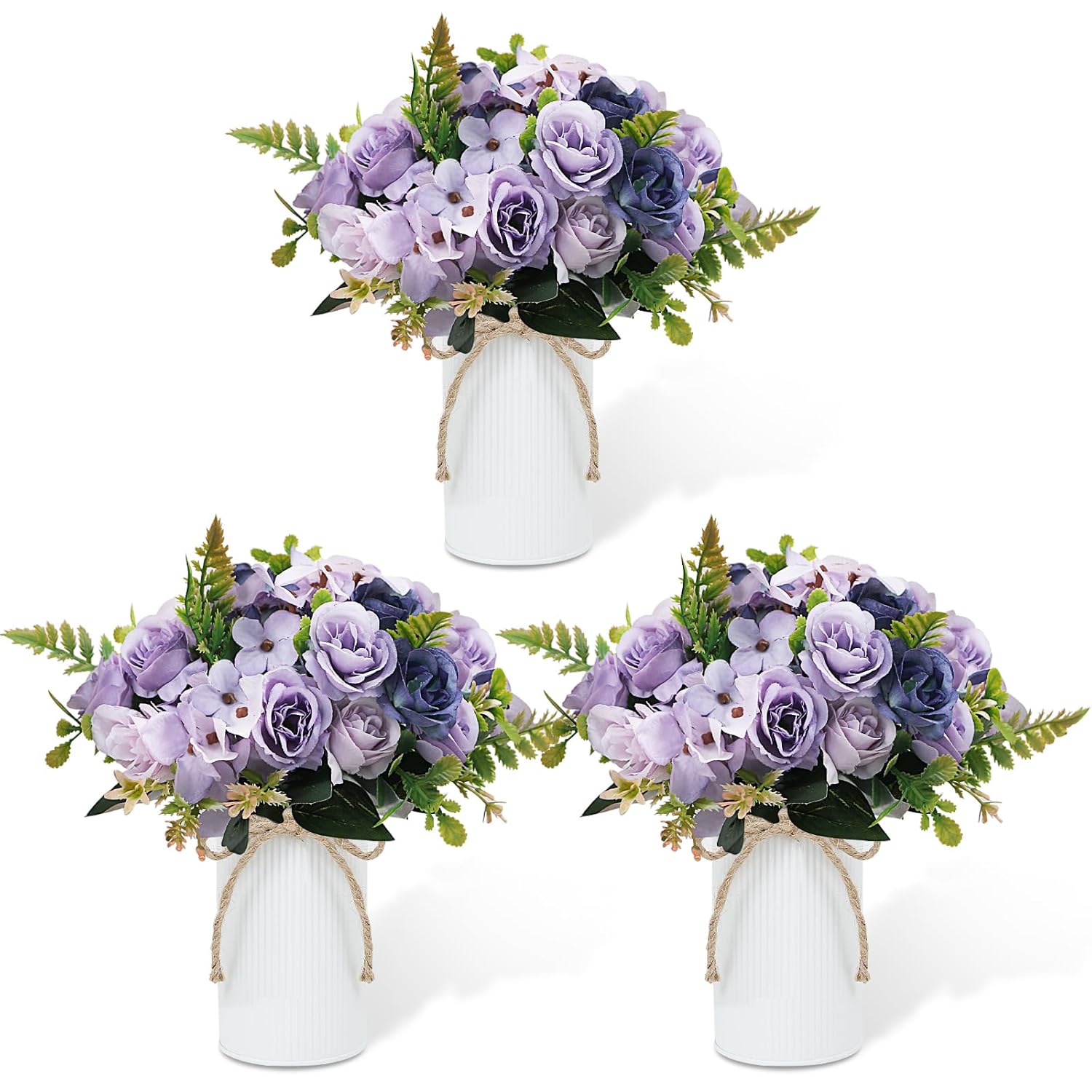 Dining Table Centerpiece Sets 3 Artificial Rose Bouquet With Vase - Farmhouse 6 Pcs Silk Flowers And 3 Pcs Metal Pot Small Faux Floral Arrangements For Wedding Party Home Kitchen Bathroom Décor, Lilac