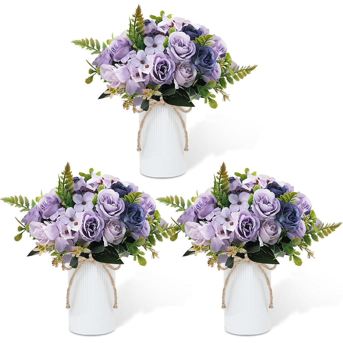 Dining Table Centerpiece Sets 3 Artificial Rose Bouquet With Vase - Farmhouse 6 Pcs Silk Flowers And 3 Pcs Metal Pot Small Faux Floral Arrangements For Wedding Party Home Kitchen Bathroom Décor, Lilac