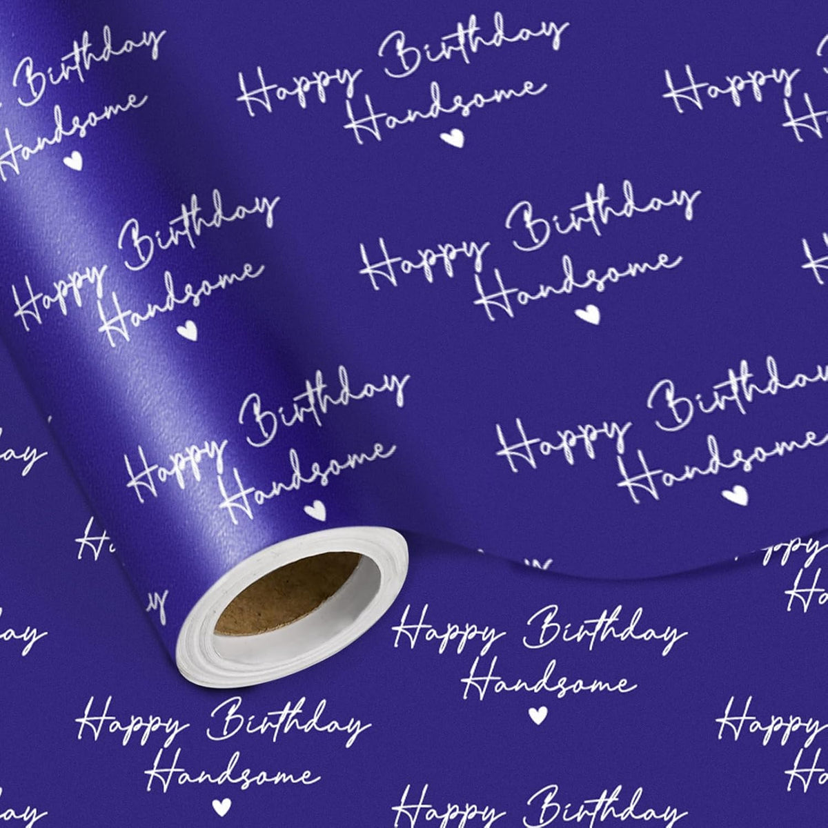 Happy Birthday Handsome Wrapping Paper Roll For Men, Navy Blue With White Script Text Hearts Birthday Gift Wrap For Him, Husband, Boyfriend, Dad, Father, Grandpa, Mini Roll 17 In X 16.4 Feet