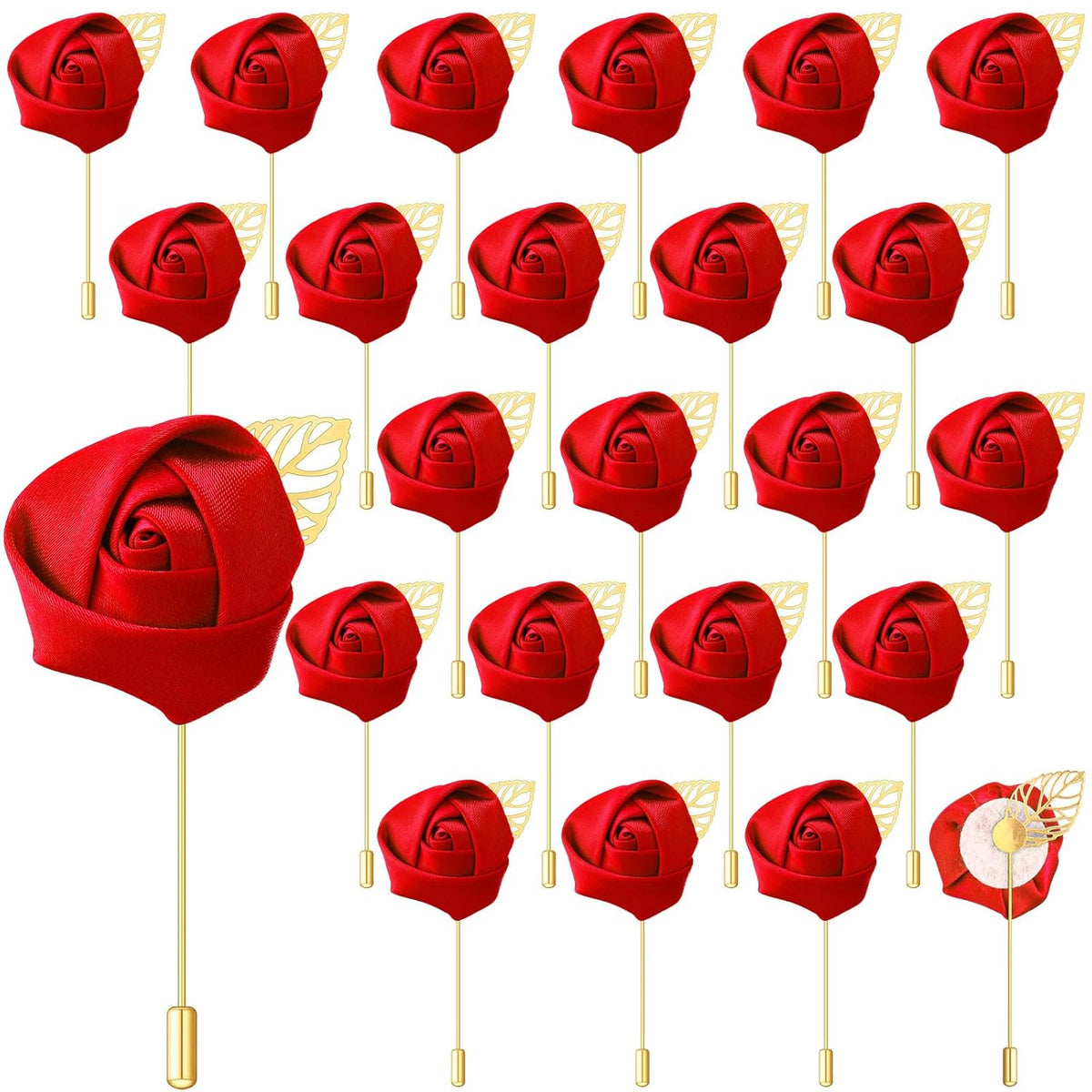 24 Pcs Boutonniere Rose Boutonniere Wedding Buttonholes Pocket For Men Wedding For Prom Party(Red)