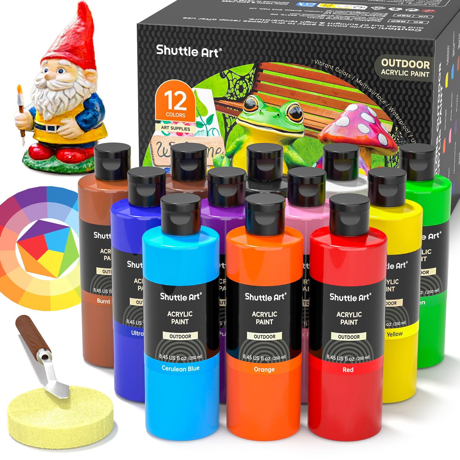 Outdoor Acrylic Paint Set, 12 Colors Waterproof Paint, 8.45Oz/250Ml Large Bottles, Rich Pigmented Bulk Painting Supplies For Artists, Beginners On Rocks, Wood, Wall, Crafts, Garden Statues