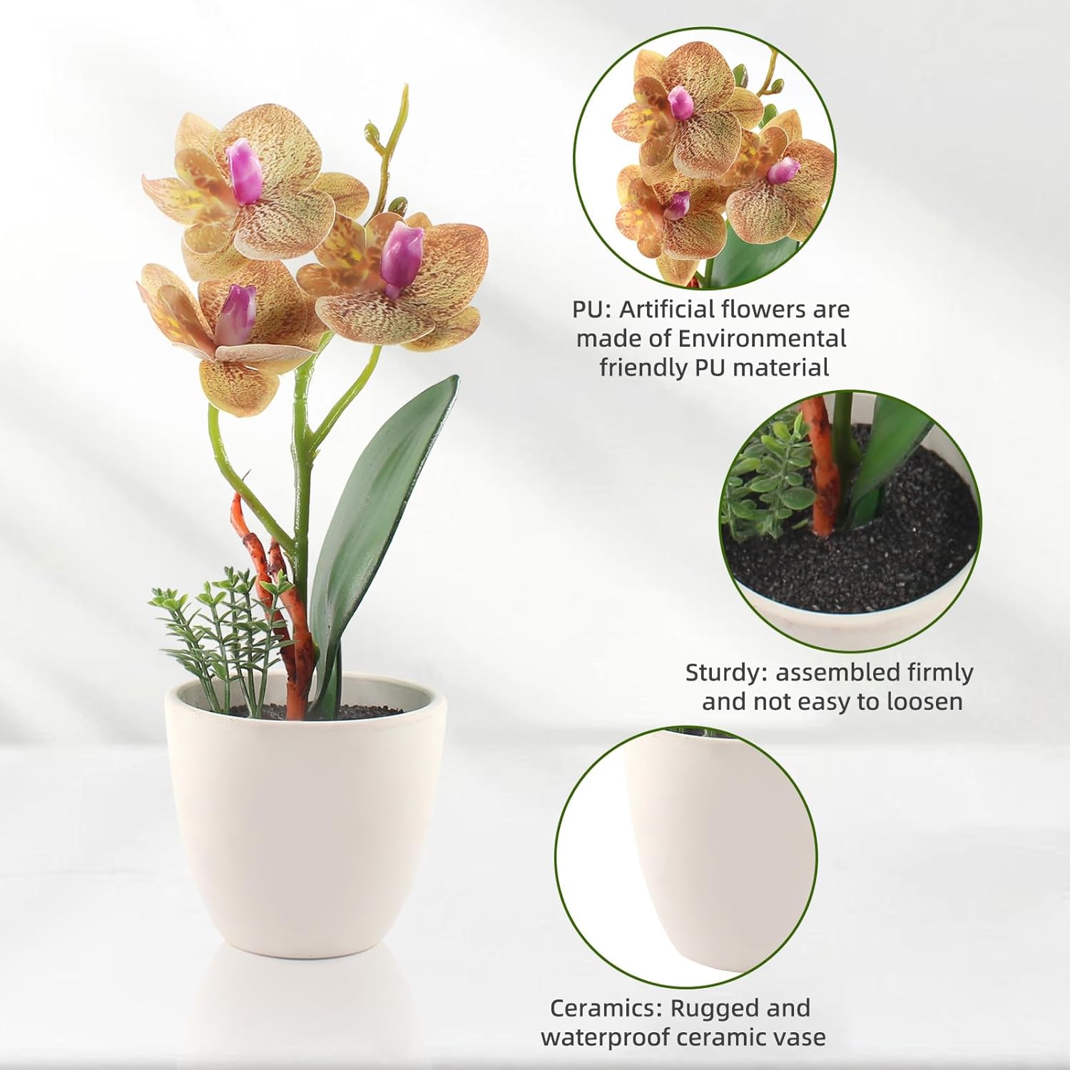 4Pcs Artificial Flowers Orchid Fake Phalaenopsis Small Potted Plant Ceramic Vase For Table Centerpiece Home Office Bathroom Wedding Decor