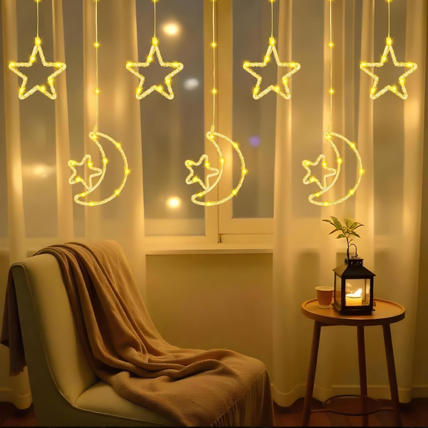 130 Led Star Moon Curtain String Lights,8 Modes Christmas Lights Decorations For Home,Hanging Moon Star Fairy String Lig