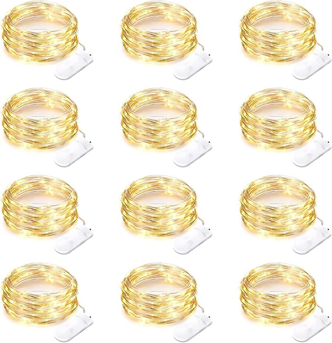 12 Pack Battery Operated Fairy Lights 7FT 20 LED Warm White Waterproof Silver Wire String Lights for Bedroom Wedding Party Decor