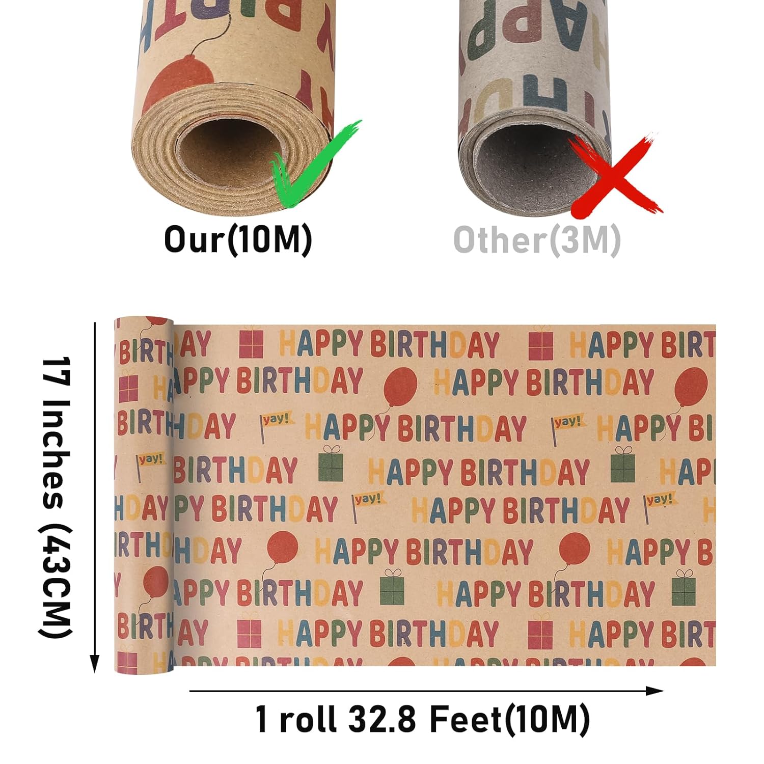 Birthday Wrapping Paper,Gift Wrapping Paper Roll,Kraft Wrapping Paper-3 Roll-17 Inch X 32.8 Feet Per Roll,Colorful Happy Birthday Pattern For Boys Girls,Perfect For Birthdays Party,Baby Shower
