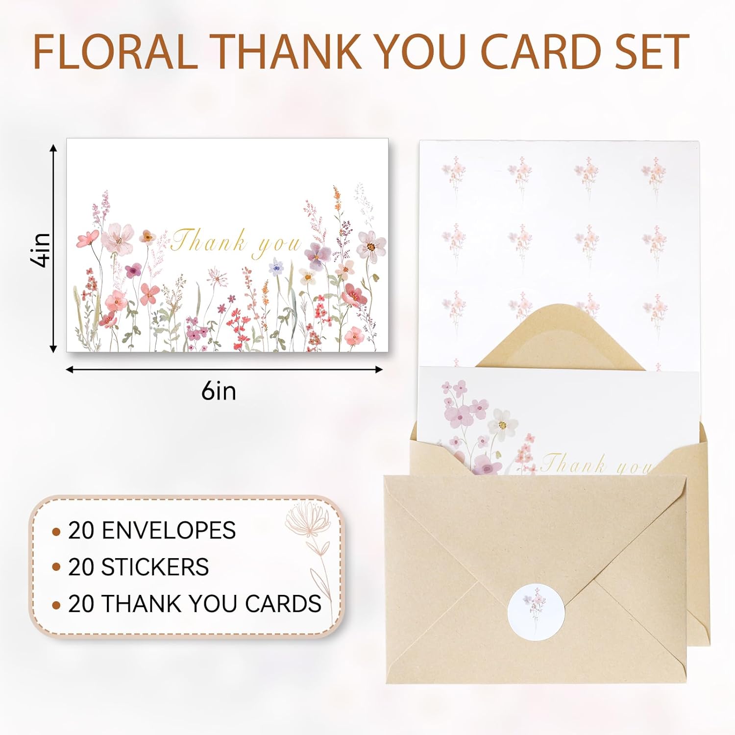 Thank You Cards With Envelopes & Stickers – 20-Pack Watercolor Floral Blank Note Cards, 4" X 6", Heavy 300Gsm Cardstock For Weddings, Baby Showers & Business