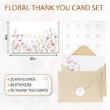 Thank You Cards With Envelopes & Stickers – 20-Pack Watercolor Floral Blank Note Cards, 4" X 6", Heavy 300Gsm Cardstock For Weddings, Baby Showers & Business