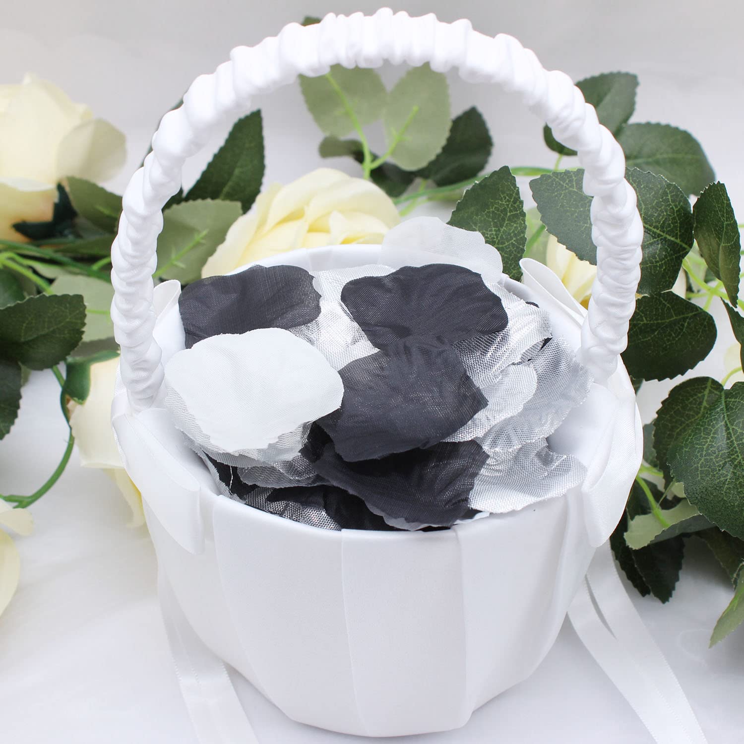 900Pcs Silver Black White Artificial Flowers Silk Rose Petals Flower Girl Scatter Petals For Wedding Aisle Centerpieces Table Confetti Party Favors Home Decoration