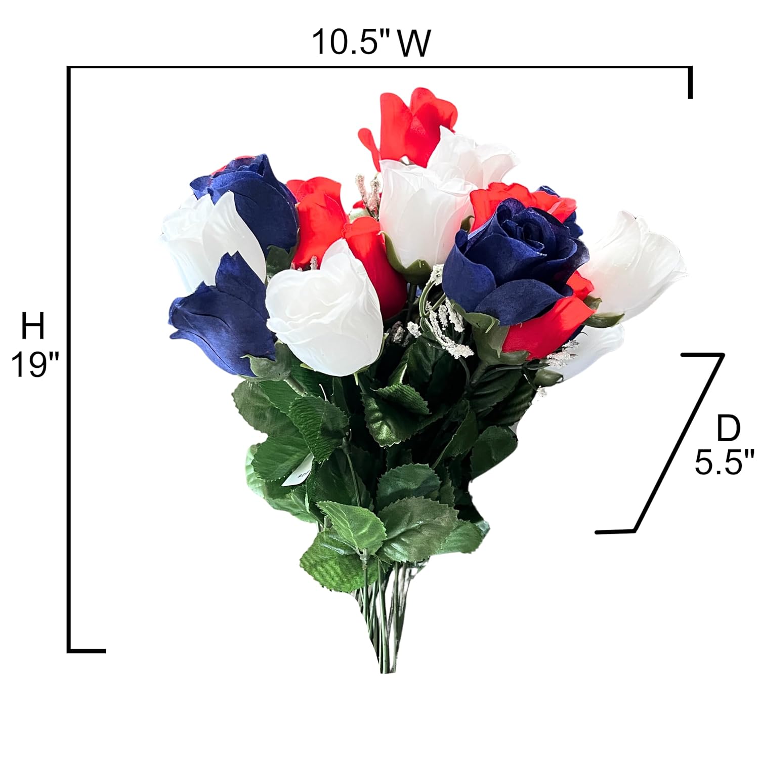 2Pcs 14 Stems Artificial Flower Rosebuds Patriotic Memorial Bouquet Cemetery Decorations For Grave, Spring Faux Flower Arrangement, Veterans, Independence Day, Red White Blue