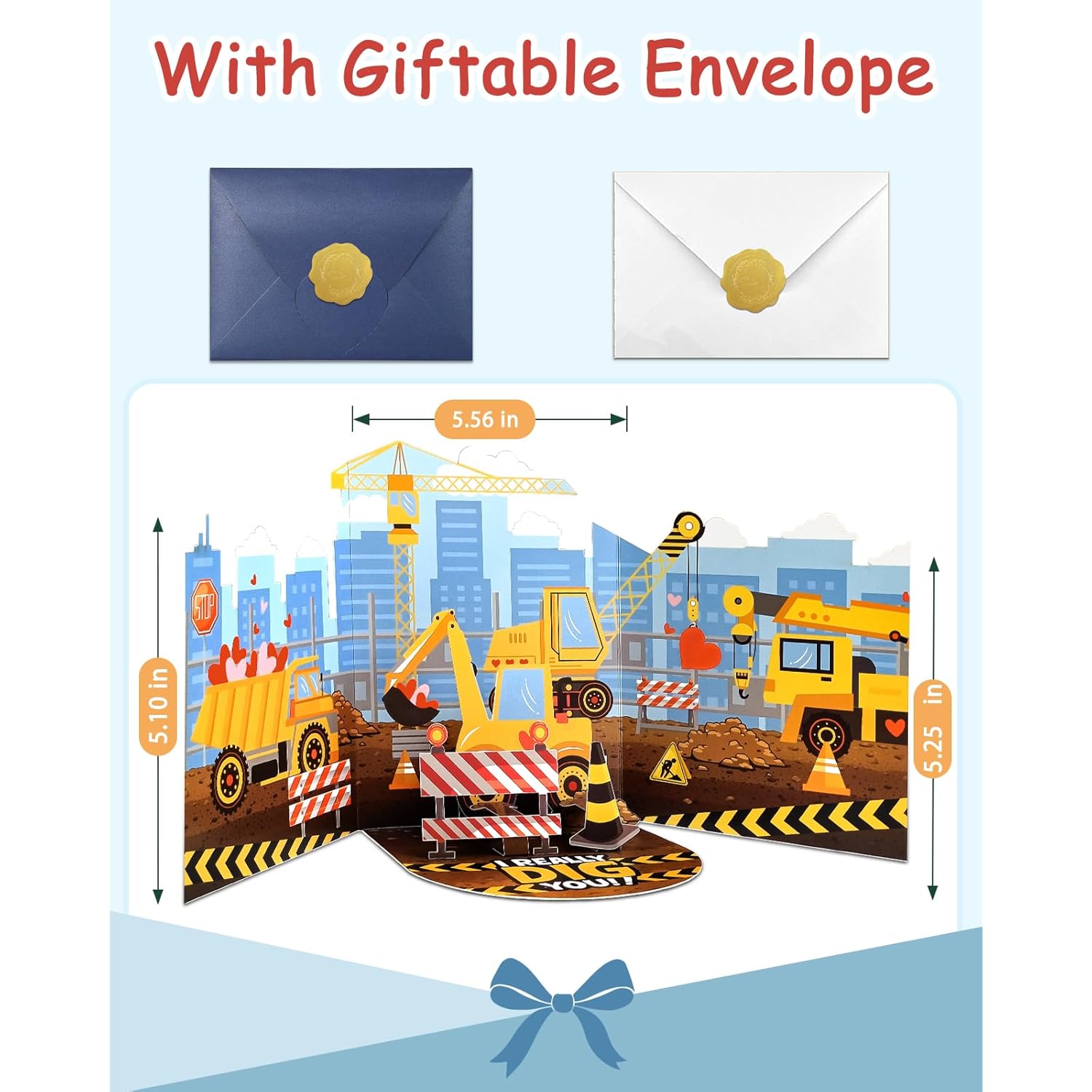 I Really Dig You Card - Pop Up Valentines Cards With Envelope, 3D Construction Vehicle Design, Cute Valentines Gift For Boys, Kids