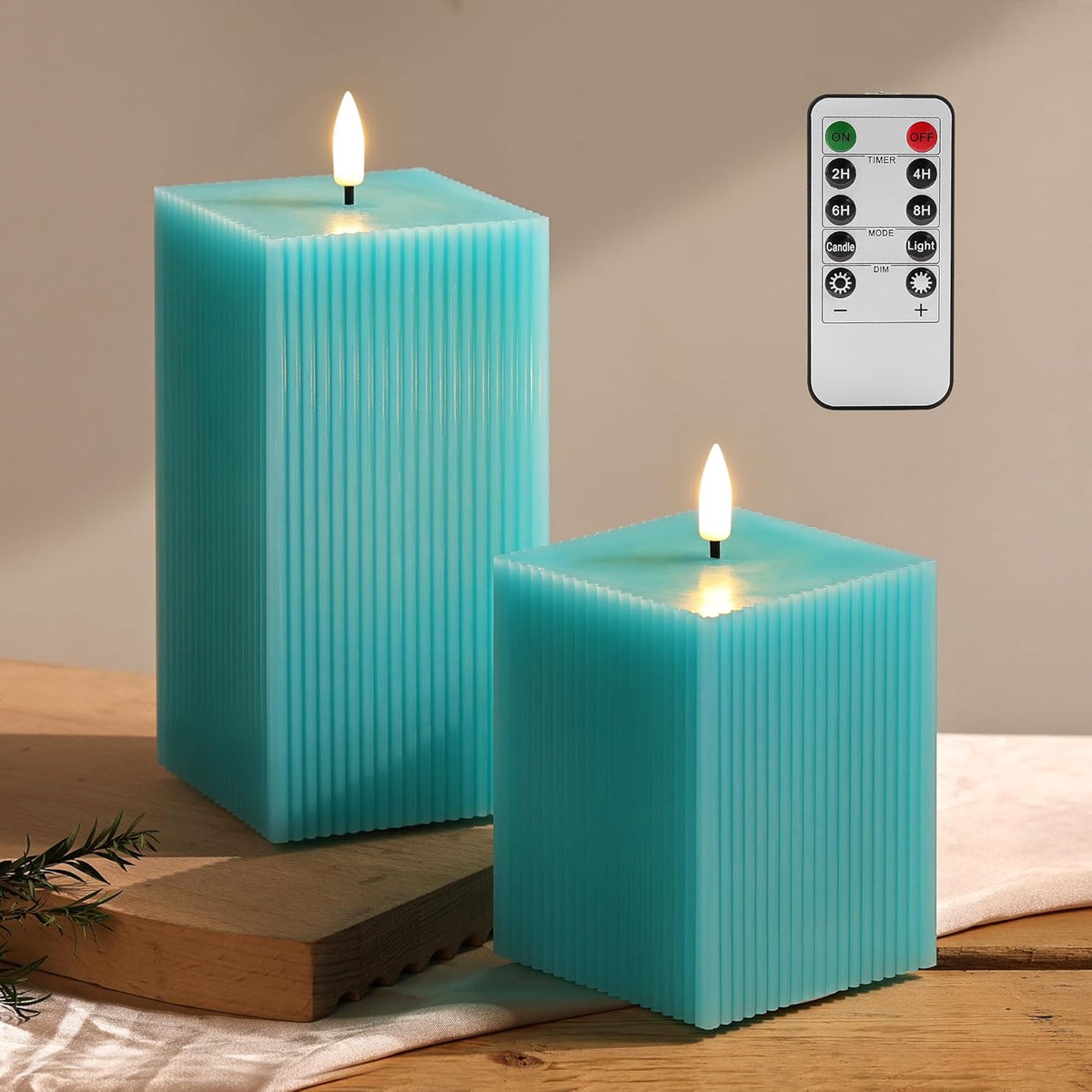 Turquoise Blue Flameless Candles With Remote, Square Ribbed Led Candles Battery Powered, Flickering Real Wax Set Of 2