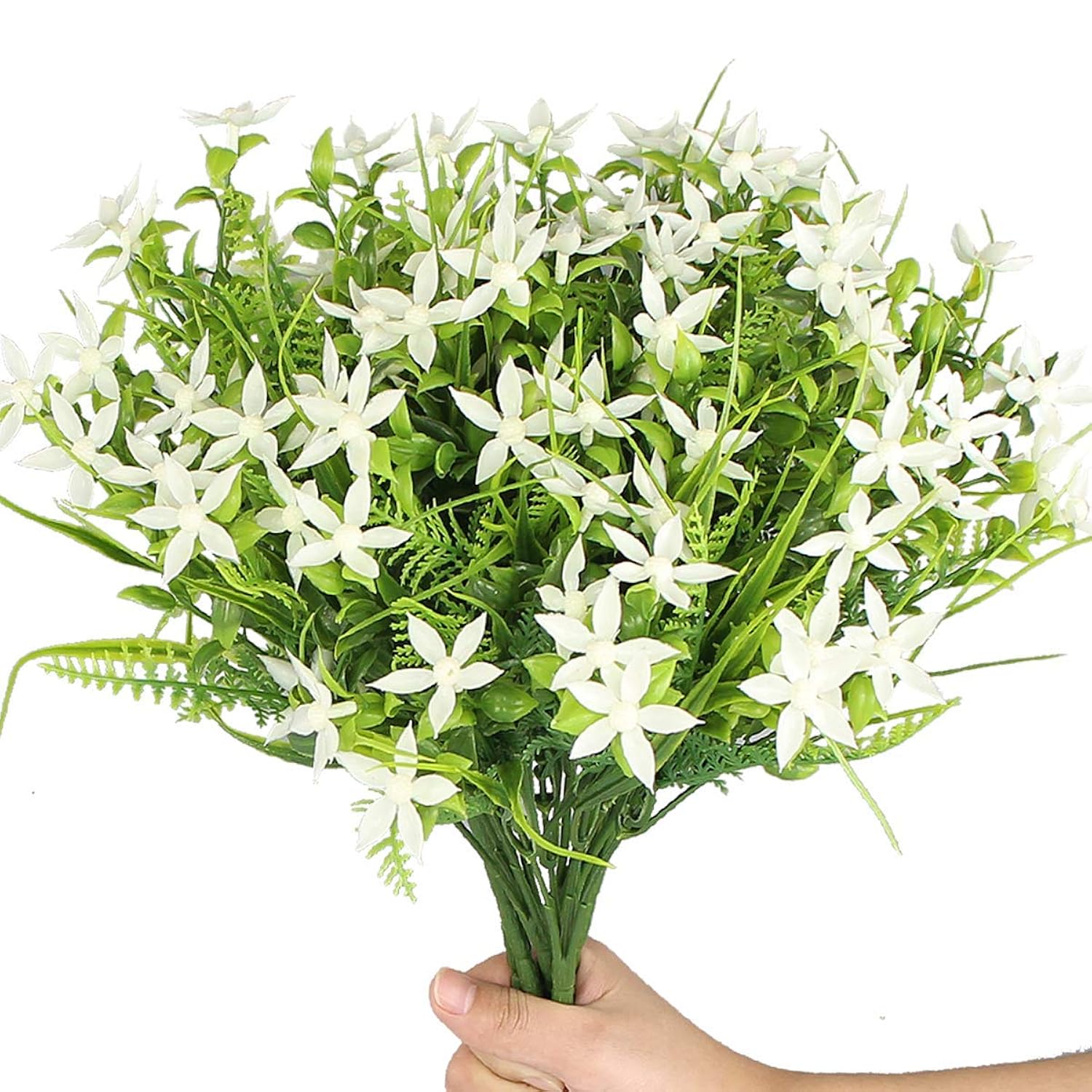6Pcs Artificial Uv Resistant Flowers Outdoor Fake Plants Flowers Star Jasmine White Greenery Plastic Flowers Farmhouse Plants Shrubs For Hanging Planter Garden Cemetery Grave Kitchen Decor