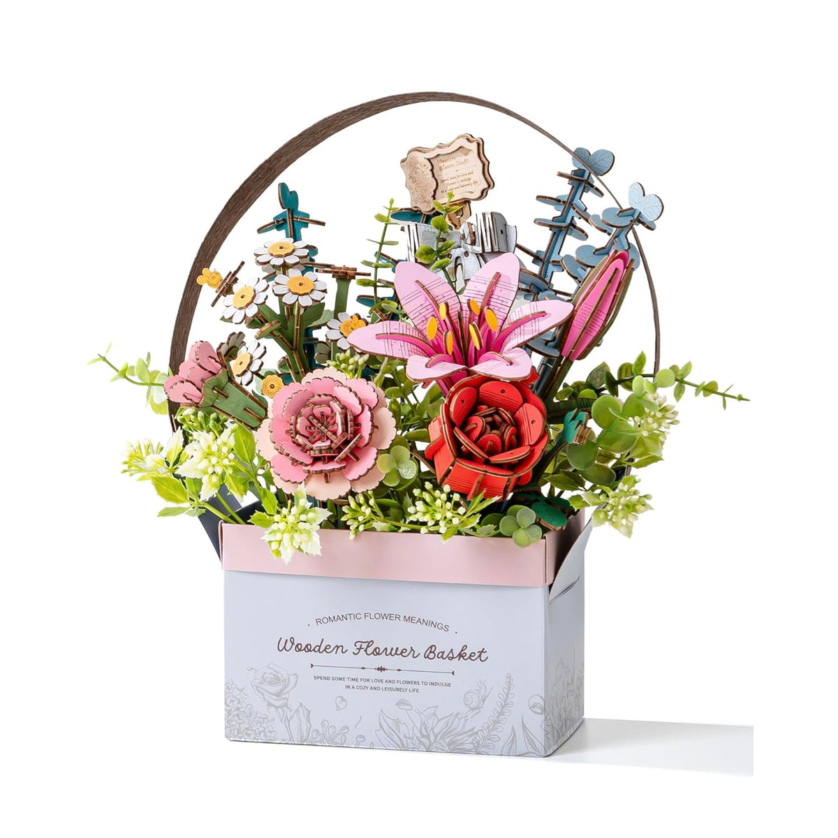 Wooden Flower Basket, Artifical Flowers Bouquet Building Set Craft Kits For Asults,Diy 3D Wooden Puzzle Botanical Collection,Unique Gift On Wedding/Mother'S Day/Valentines Day/Birthday