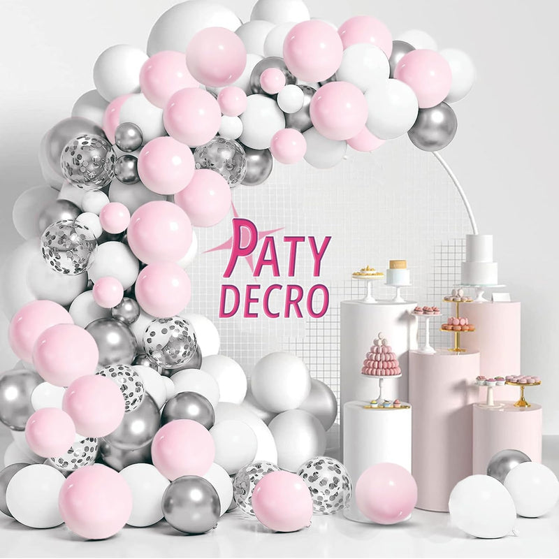 Silver Pink Balloons Garland Kit, 100Pcs White And Silver Confetti Met