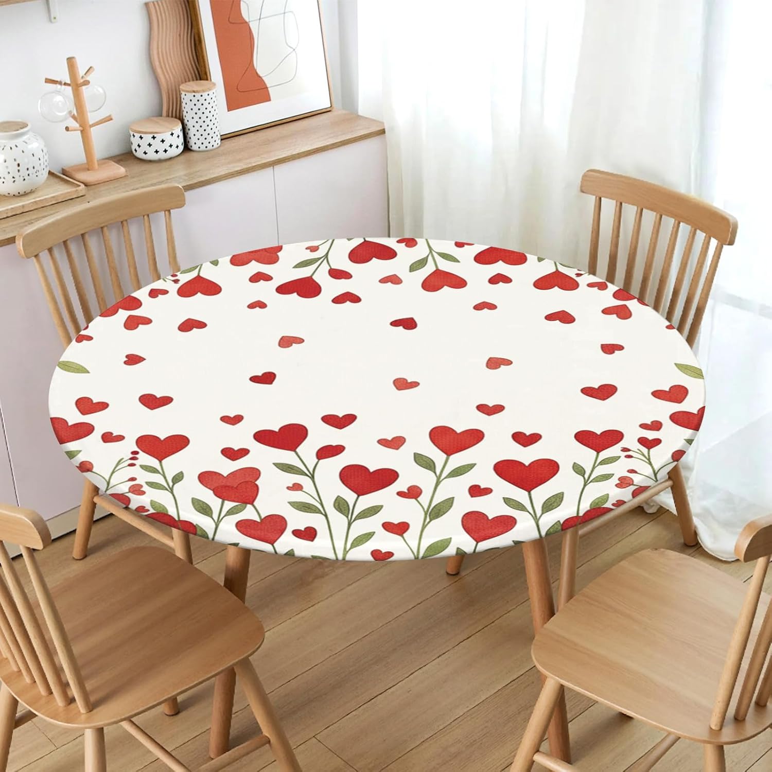 Valentines Day Round Fitted Tablecloth With Elastic Edge,Water-Resistant Wipeable Valentine'S Day Red Heart Floral Green Leaf Table Cover For 40-44" Stretch Table Cloth For Dinner Indoor Outdoor