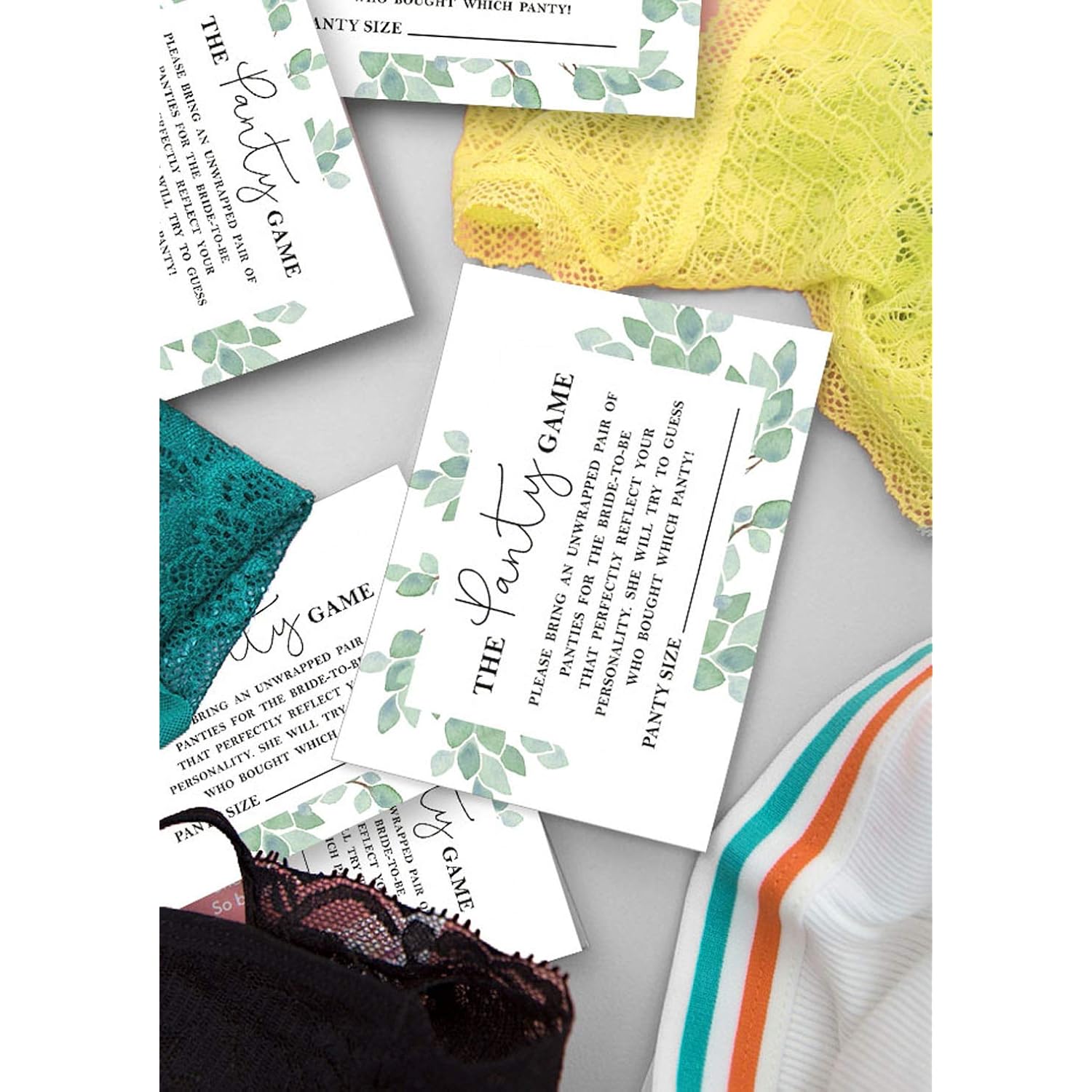 Bridal Shower Game 1 Sign + 30 Size Card White Greenery Girls Night Out Bachelorette Party Drop Your Panties Game