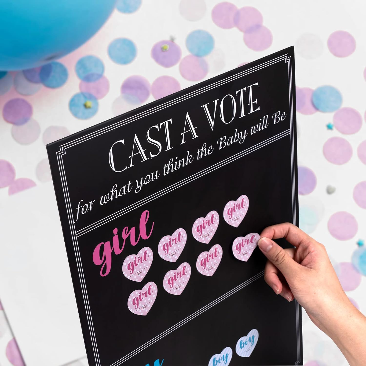 Baby Gender Reveal Board Game With 144 Girl Or Boy Voting Stickers, Cast Your Vote Sign With Stand - Chalkboard Design (12 X 17 In)