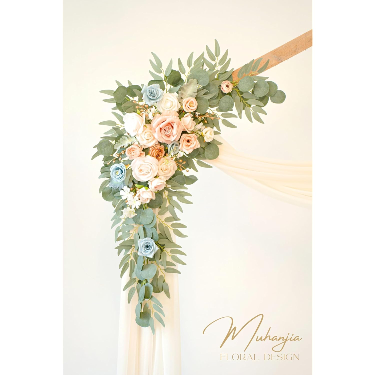 Artificial Wedding Arch Flowers Kit(Pack Of 4),2Pcs Artificial Flower Arch Decor, 2Pcs Chiffon Fabric Drapes, Ceremony Decoration, Floral Outdoor Party Decor (Champagne & Blue)