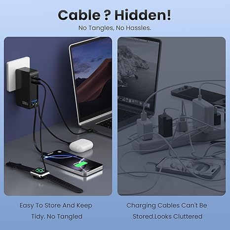 120W USB C GaN Charger Block with 2 Retractable Cables 4 in 1 Fast Charging Wall Charger for MacBook iPhone Samsung