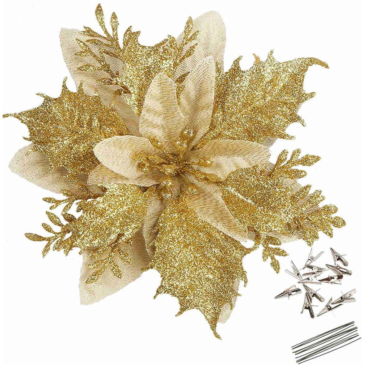 12 Pcs Glitter Poinsettia 5.5" Artificial Flowers Christmas With Clips Stems Xmas Tree Ornaments For New Year Party Stairs Fireplace Porch Balcony Garden Church Wreath Decoration (Golden)