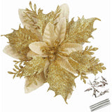12 Pcs Glitter Poinsettia 5.5" Artificial Flowers Christmas With Clips Stems Xmas Tree Ornaments For New Year Party Stairs Fireplace Porch Balcony Garden Church Wreath Decoration (Golden)