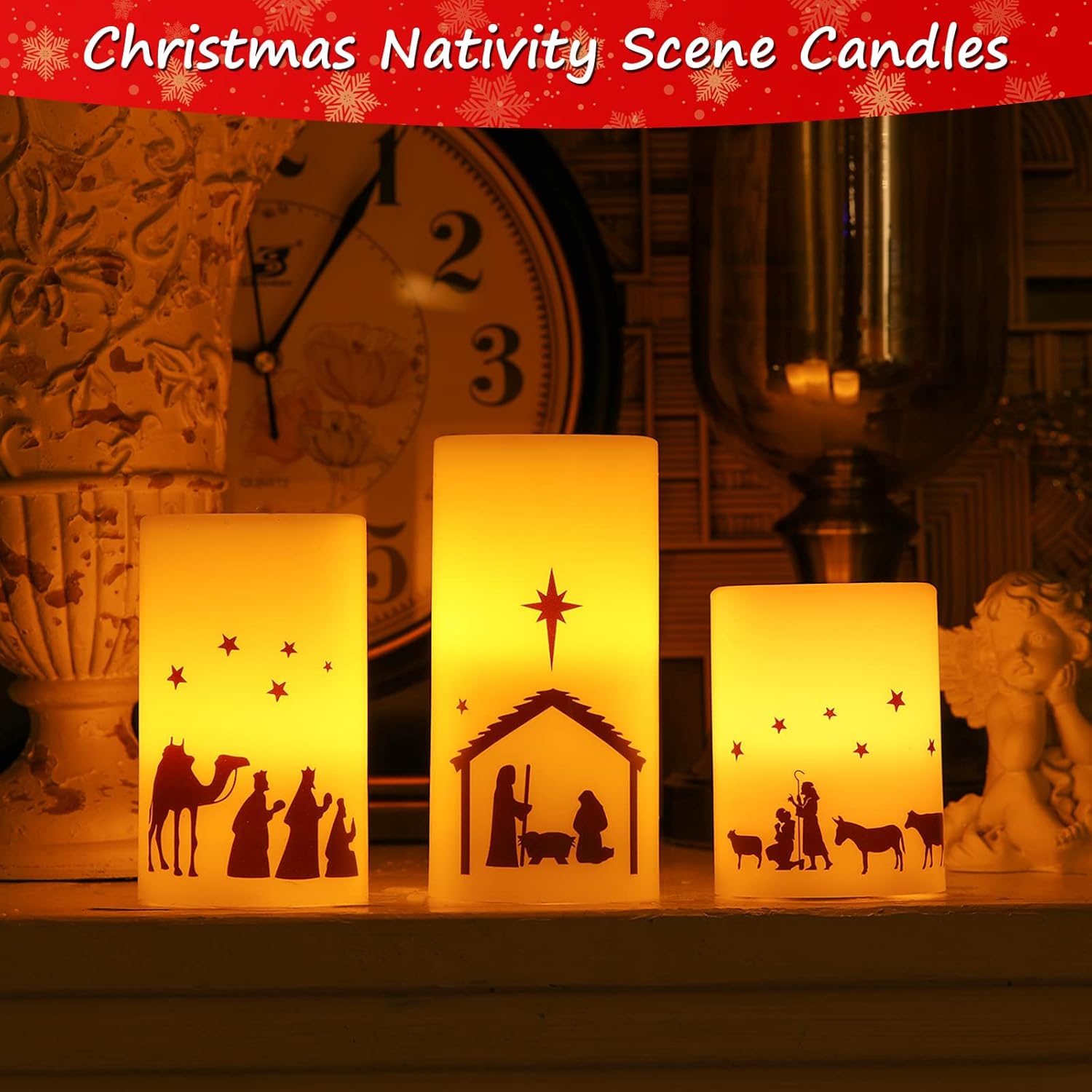 3 Pcs Nativity Scene Candles Flameless Christmas Led Candles Battery Operated Warm Light For Advent Indoor Outdoor Home Table Decorations Christmas Holiday Decor