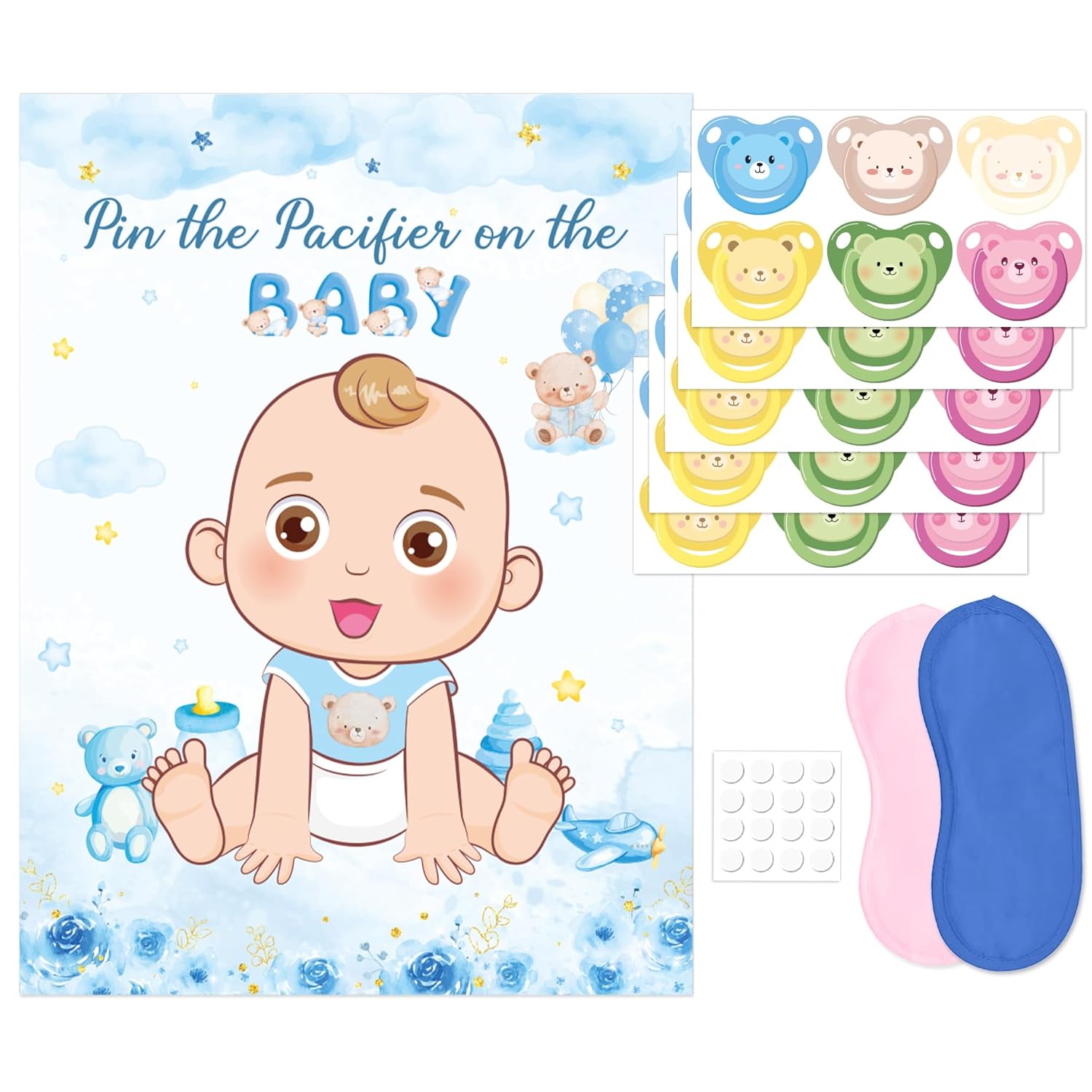 Pin The Pacifier On The Baby Game, Baby Shower Party Decorations With Large Poster Blindfolds And 30 Pacifier Stickers, Baby Theme Party Activity Supplies (Blue Bear)