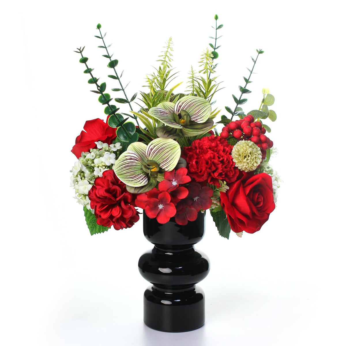 Artificial Flower In Black Glass Vase, Red Roses,Carnations, Orchids, Artificial Roses In Vase,11 X 11 X 16 Inches (Bgv-Red)