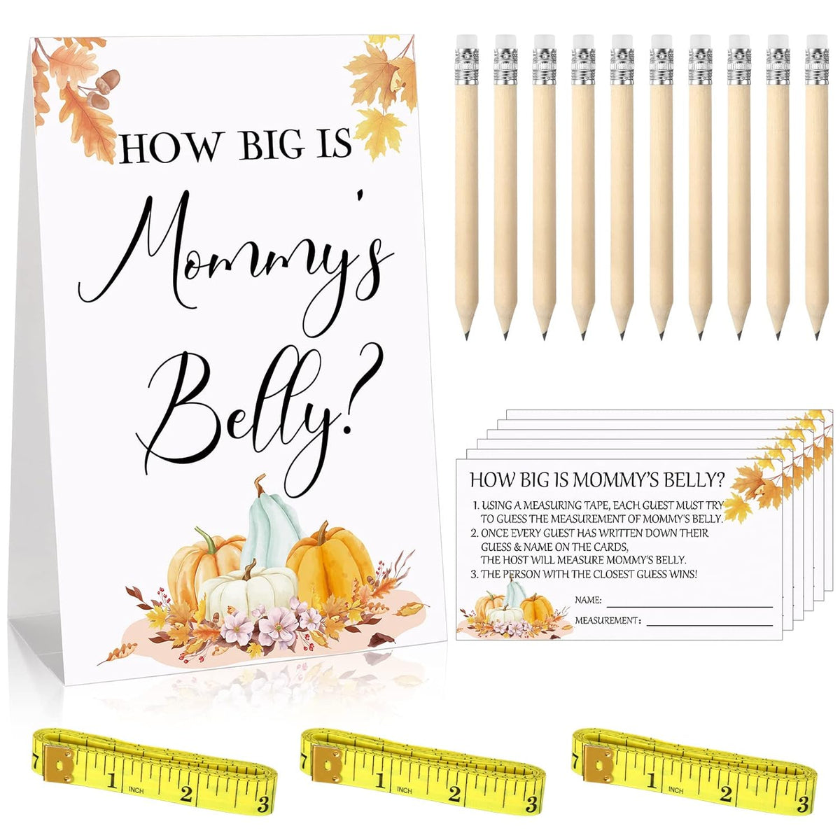 64 Pcs Little Pumpkin Baby Shower Games Include Fall How Big Is Mommy'S Belly Sign And 50 Maple Leaf Guessing Card With 10 Pencils 3 Measuring Tapes For Thanksgiving Event Supplies Baby Shower