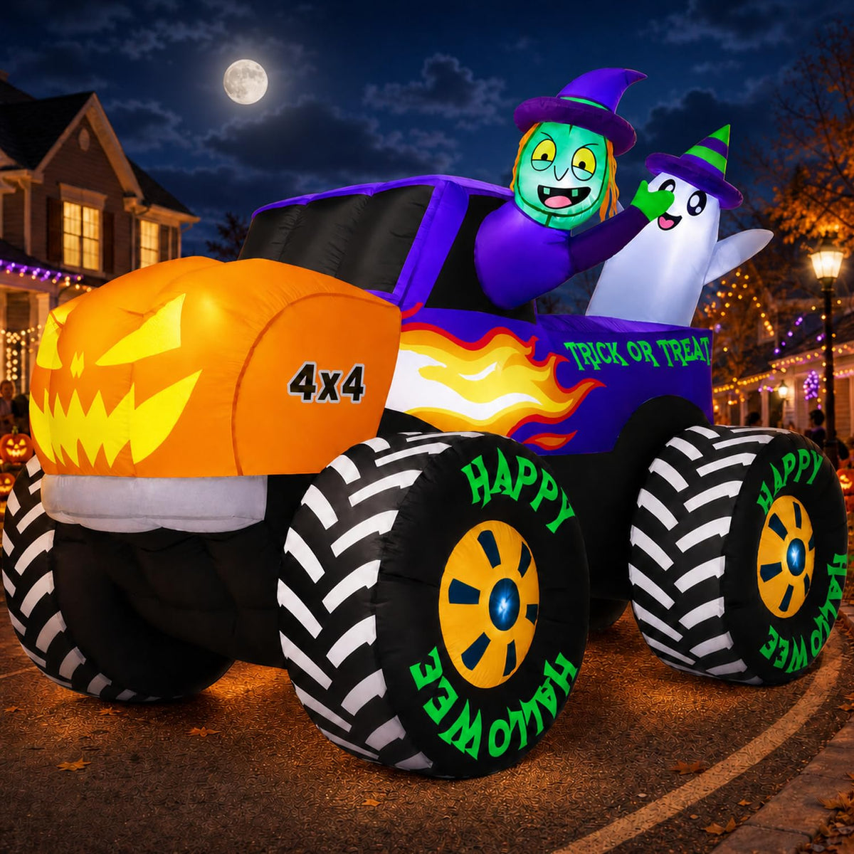 8FT Long Giant Halloween Inflatables Decoration Outdoor Monster Truck Car-Halloween Decorations Blow Up Built-in LEDs Huge Pumpkin Blowups Easy Setup Strong Blower for Yard Party