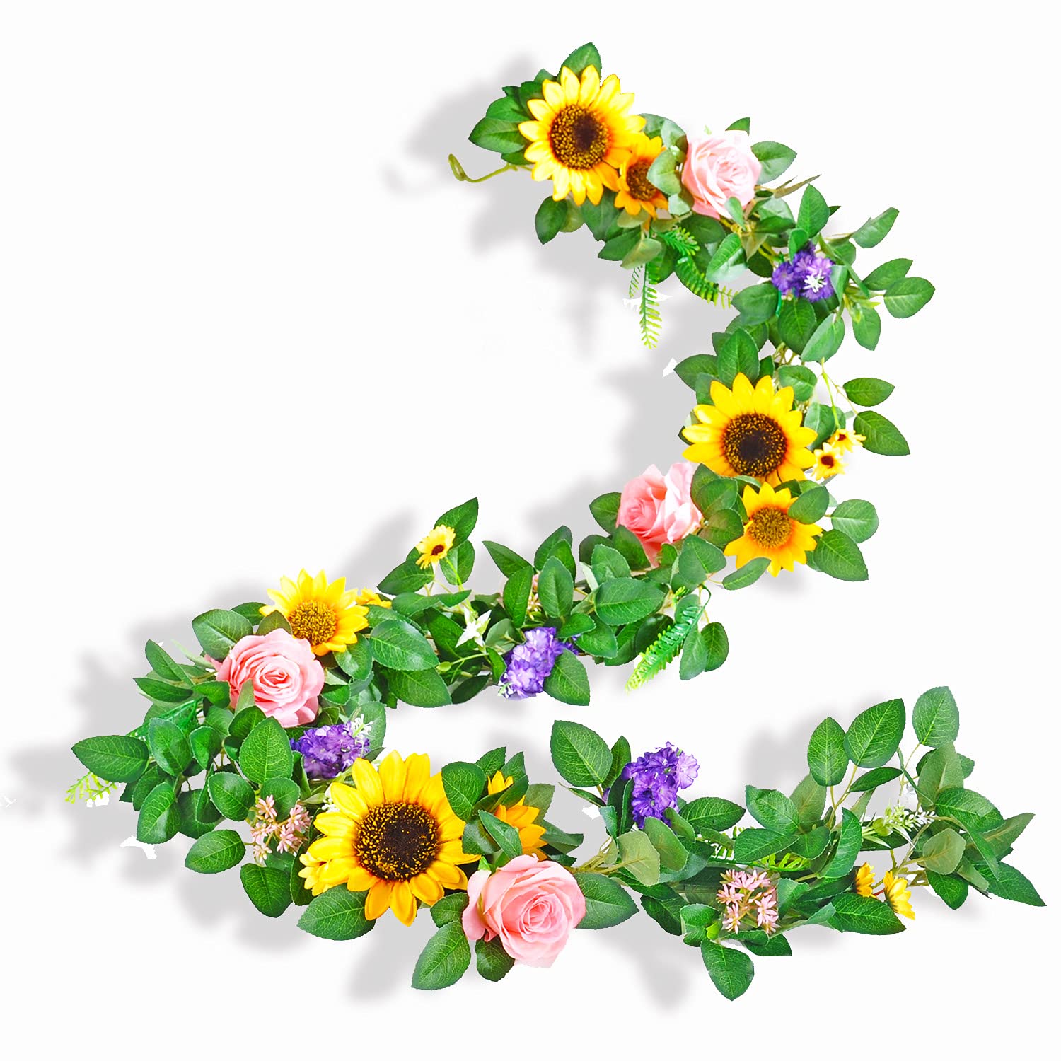 Artificial Flower Garland, Sunflower & Rose Vines, Boho Wedding & Birthday Decor, 6Ft Straight, Pink & Yellow, Fabric & Plastic