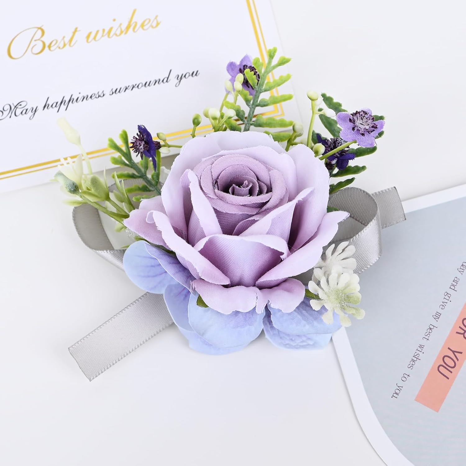 Artificial Rose Corsage Boutonniere Set For Groom Bride Groomsmen Bridesmaids, Simulated Flowers Accessories Wedding Party Prom Suit Decorations-2 Pieces Of Light Purple
