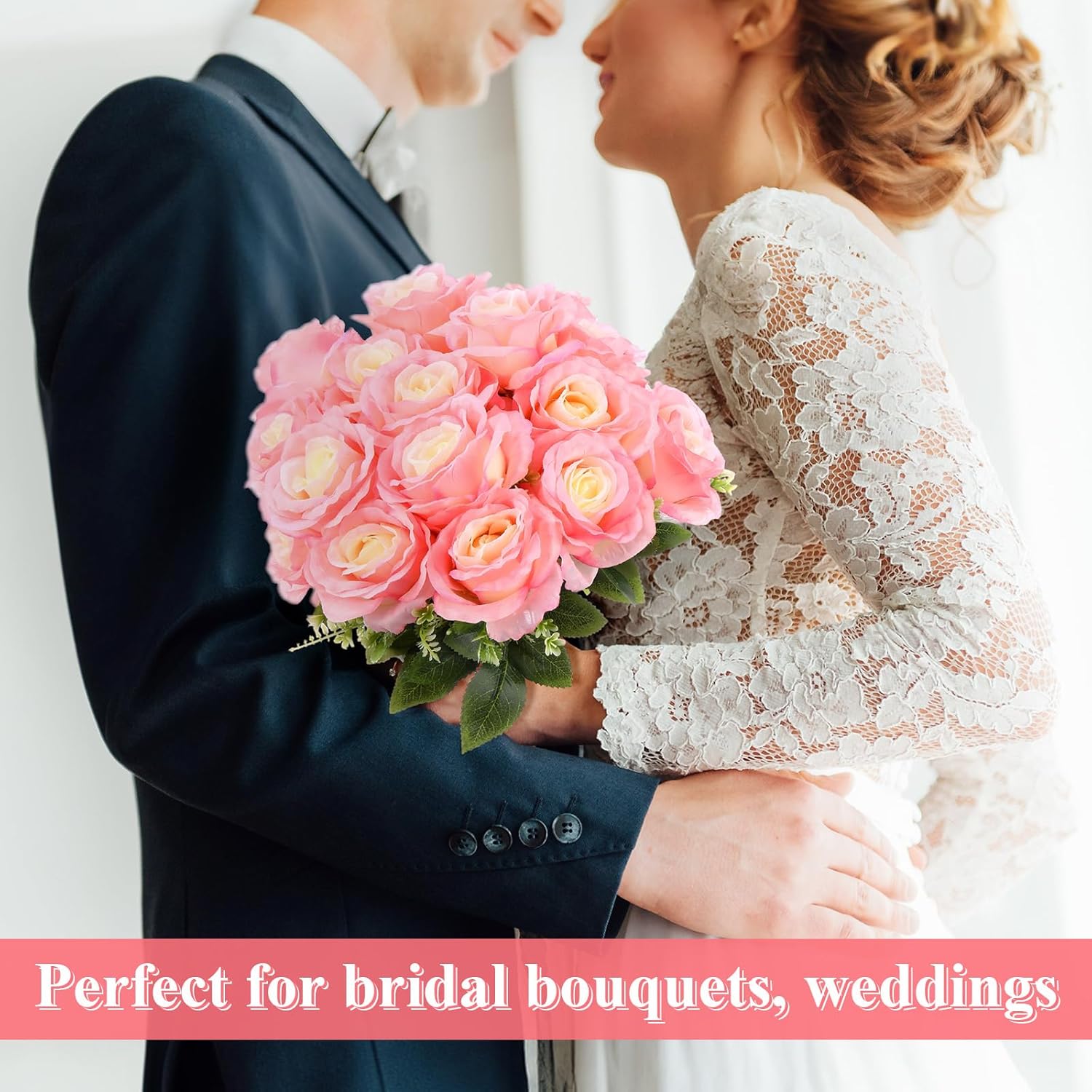 8 Bunches 17.3" Artificial Silk Flowers, Fake Roses Flower Bouquet 56 Heads Whit Artificial Roses Bulk With Stems For Bridal Wedding Home Mother'S Day Decor (Pink)