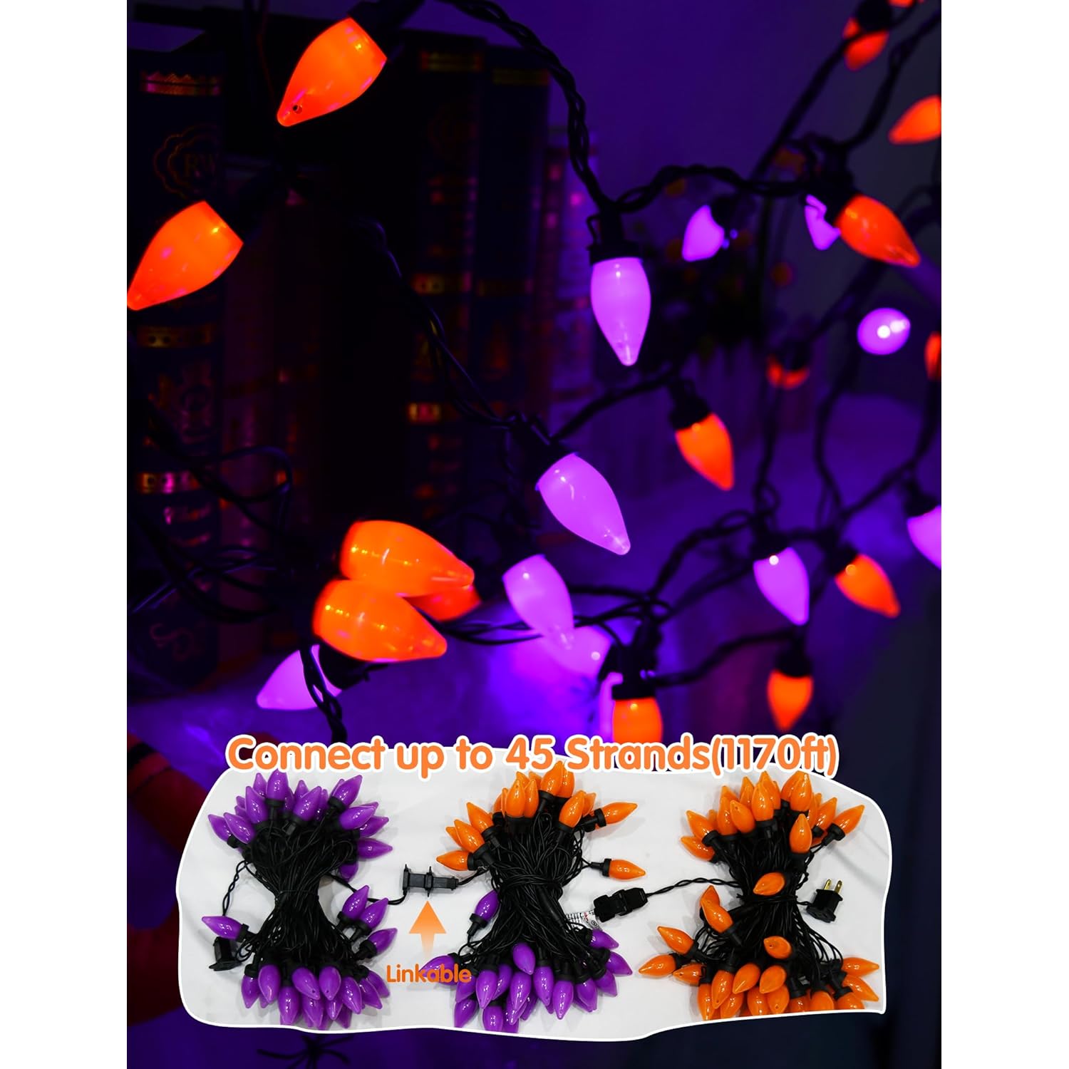 Halloween String Lights Outdoor, 26Ft C7 Purple And Orange String Lights With 50 Led Christmas Ligths For Outdoor Patio