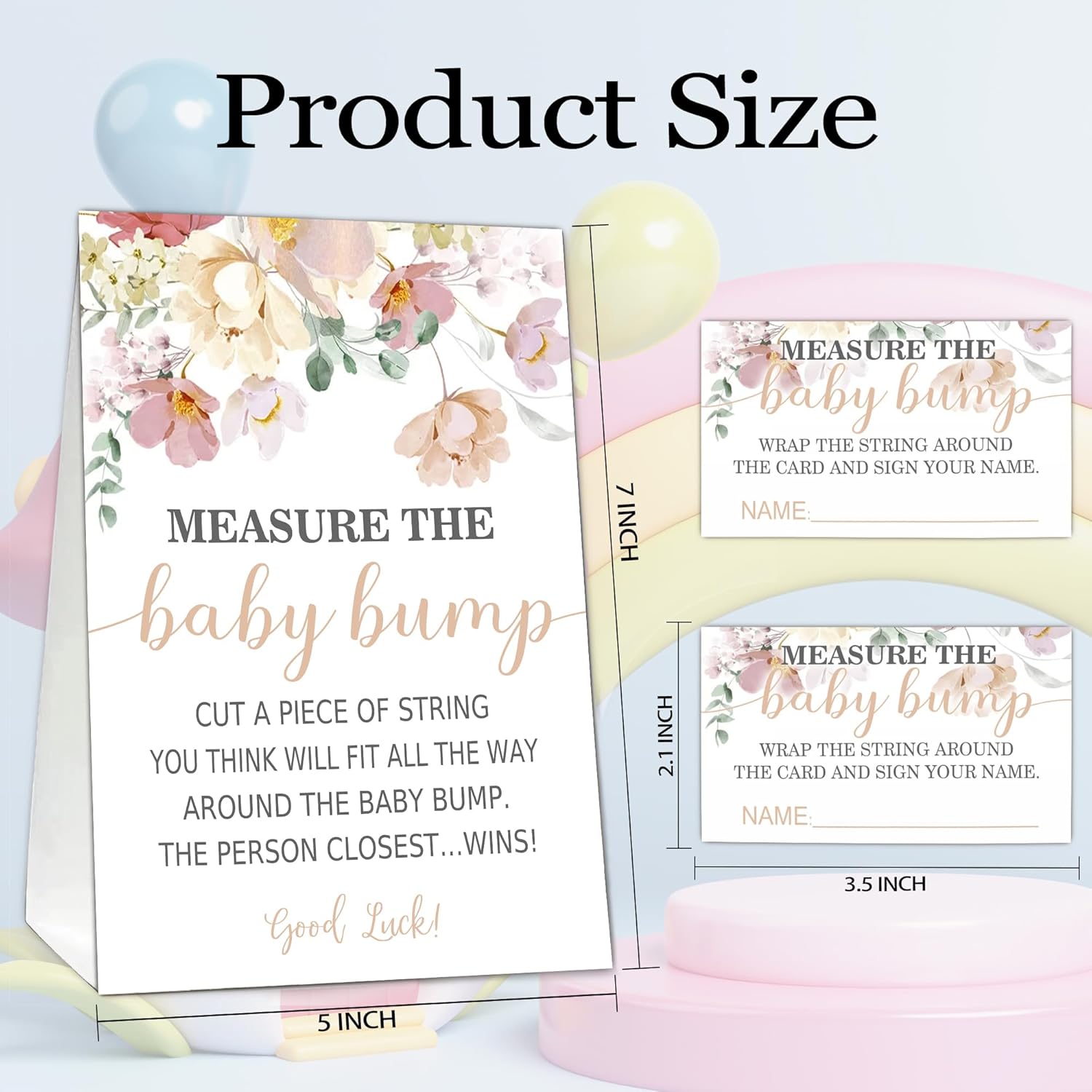 Baby Shower Games Measure The Baby Bump Game, Floral Theme, How Big Is Mommy'S Belly Party Supplies. 1 Sign And 50 Guessing Cards.