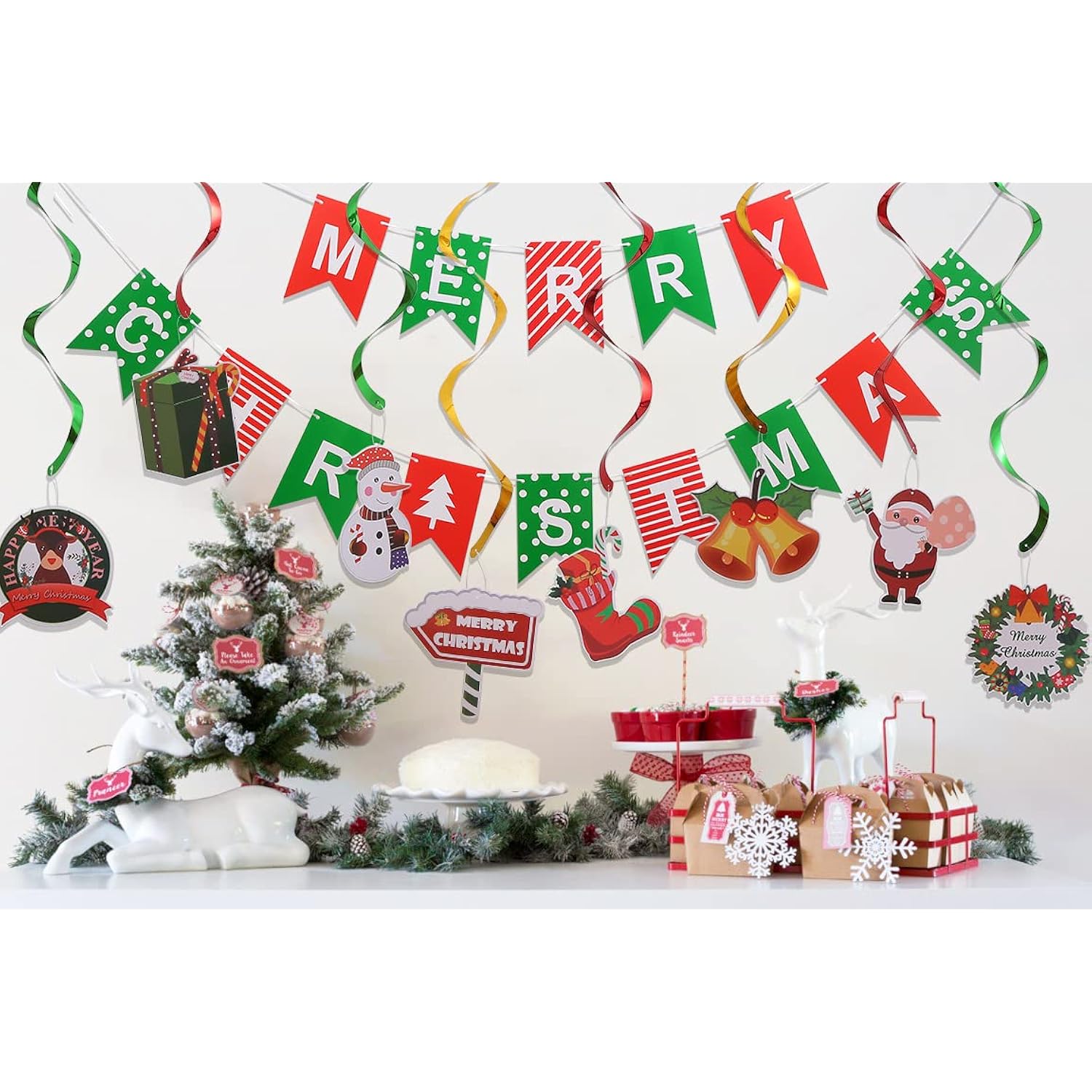 Merry Christmas Banner, Pennant Flags Garland & Hanging Swirls - Red Green, 10" X 4" - Christmas Party Decor