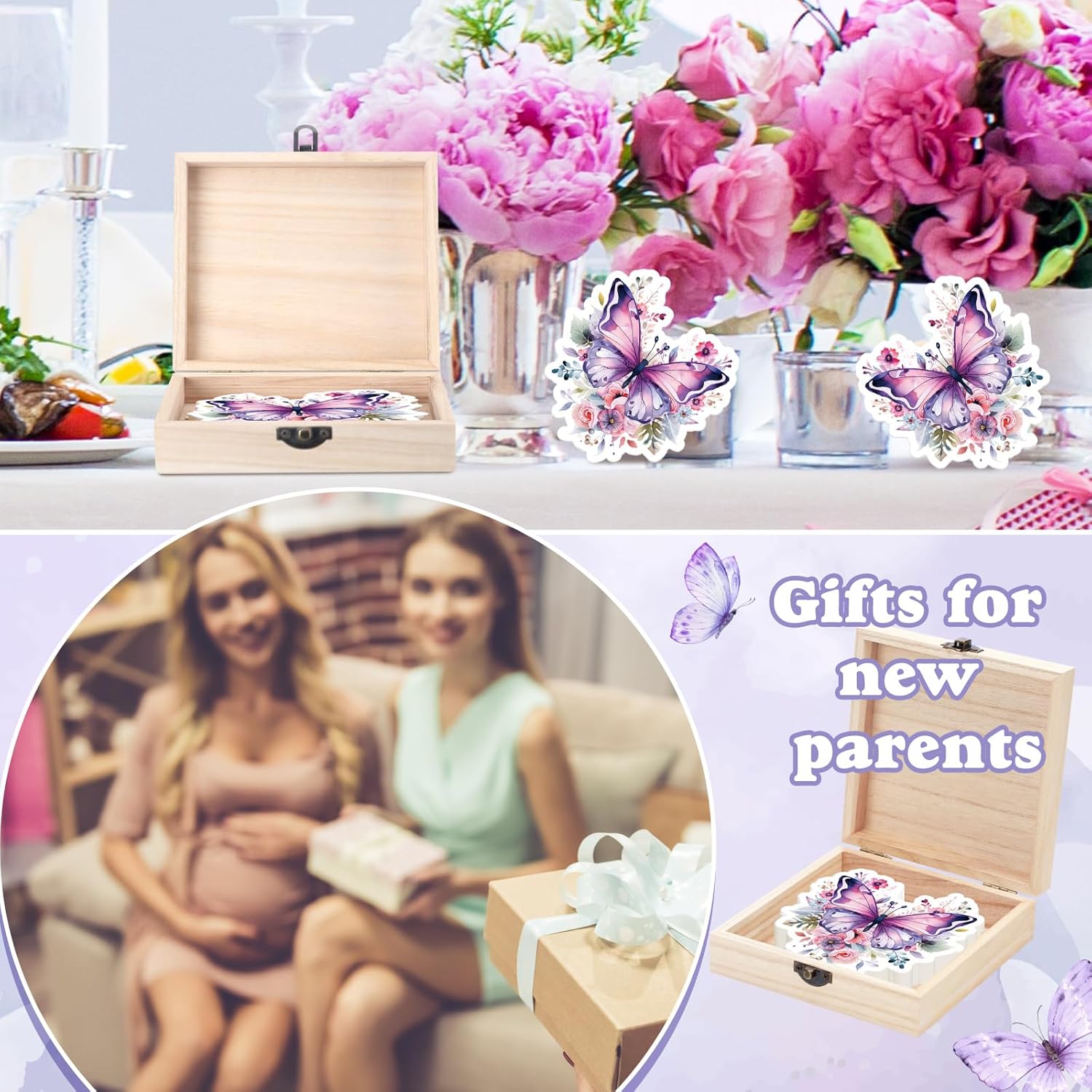 50 Pcs Double Side Butterfly Baby Predictions Advice Cards For New Parents Butterfly Floral Baby Shower Decorations With Wooden Keepsake Box Baby Shower Games Cards For Baby Wishes