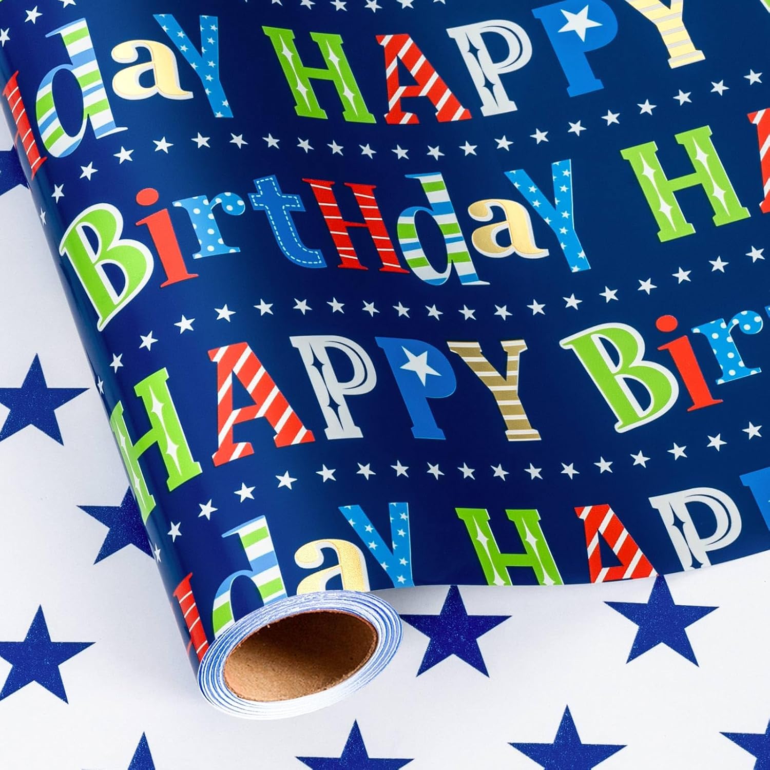 Happy Birthday Wrapping Paper Roll - 17 Inch X 16.5 Feet - Metallic Navy Blue Star Birthday Gift Wrapping Paper For Men, Boy, Baby Shower, Holiday